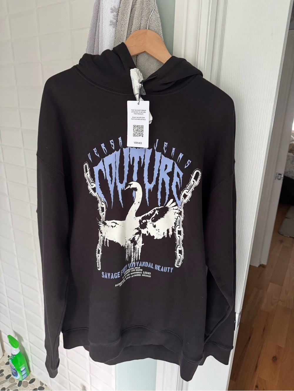 Versace Black Hoodie with White Swan & Light Blue Graphic